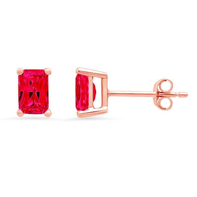 Pre-owned Pucci 1.0 Ct Emerald Cut Vvs1 Red Simulated Ruby Stud Earrings 14k Rose Gold Push Back
