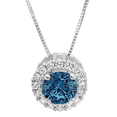 Pre-owned Pucci 1.3ct Round Cut Halo London Blue Topaz Pendant Necklace 18" Chain 14k White Gold In D