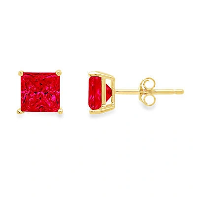 Pre-owned Pucci .5ct Princess Cut Red Simulated Ruby Stud Earrings 14k Yellow Gold Push Back