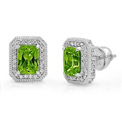Pre-owned Pucci 3.9 Emerald Round Cut Halo Natural Peridot Stud Earrings Solid 14k White Gold In Green