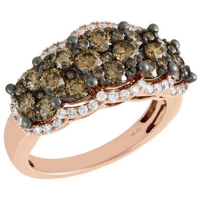 Pre-owned Jfl Diamonds & Timepieces 14k Rose Gold Brown Diamond Cluster Flowers Anniversary Band Cocktail Ring 2 Ct. In White, Brown