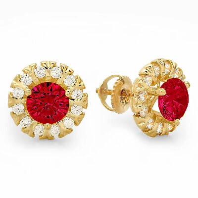 Pre-owned Pucci 3.45 Round Halo Pink Simulated Tourmaline Designer Stud Earrings 14k Yellow Gold In Red