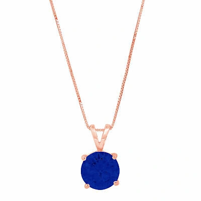 Pre-owned Pucci 1.0 Ct Round Cut Blue Sapphire Simulated Pendant 16" Chain 14k Pink Rose Gold
