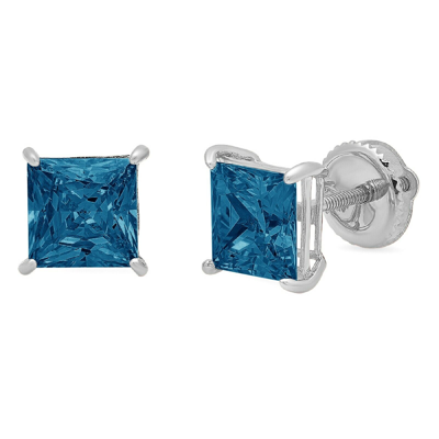 Pre-owned Pucci 4 Ct Princess Solitaire Natural London Blue Topaz Stud Earrings 14k White Gold In D