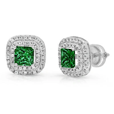 Pre-owned Pucci 2.9 Princess Round Cut Halo Green Simulated Emerald Stud Earrings 14k White Gold