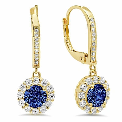 Pre-owned Pucci 2.235 Ct Round Halo Simulated Tanzanite Drop Dangle Earrings 14k Yellow Gold In Purple