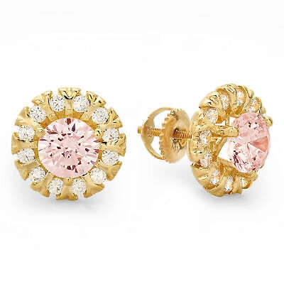 Pre-owned Pucci 3.45ct Round Halo Pink Simulated Diamond Designer Stud Earrings 14k Yellow Gold
