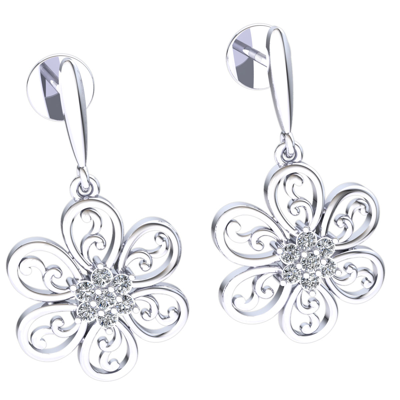 Pre-owned Jewelwesell Genuine 0.1ct Round Cut Diamond Ladies Dangle Flower Earrings Solid 18k Gold In H