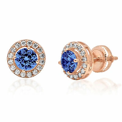 Pre-owned Pucci 1.6 Ct Round Halo Simulated Tanzanite Designer Stud Earrings Solid 14k Rose Gold