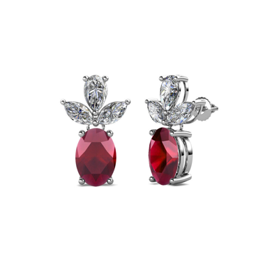 Pre-owned Trijewels Oval Ruby And Diamond Dangling Stud Earrings 2.51 Ctw In 14k Gold Jp:67649 In G - H