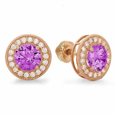 Pre-owned Pucci 1.18ct Round Cut Halo Simulated Alexandrite Designer Stud Earrings 14k Rose Gold In Purple