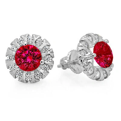 Pre-owned Pucci 3.45 Round Cut Halo Red Simulated Ruby Designer Stud Earrings 14k White Gold