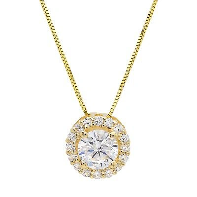 Pre-owned Pucci 1.1ct Round Cut Simulated Solitaire Halo Pendant 14k Yellow Solid Gold 16" Chain In D