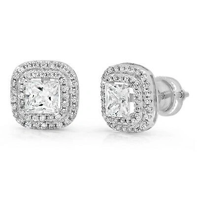 Pre-owned Pucci 2.99ct Princess Simulated Halo Stud Solitaire Earrings 14k White Gold Screw Back In D