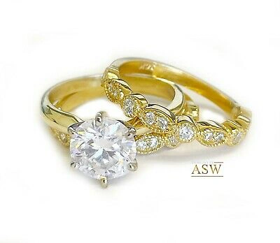 Pre-owned Asw 14k Solid Yellow Gold Round F1 Moissanite Engagement Ring And Two Bands 2.75ct