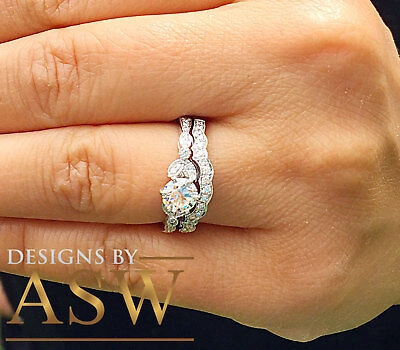 Pre-owned Asw 14k Solid White Gold Round Cut Simulated Diamond Engagement Ring And Band 1.50ct