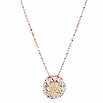 Pre-owned Pucci 1.3ct Round Yellow Lab Created Moissanite Halo Pendant 16" Chain 14k Rose Gold