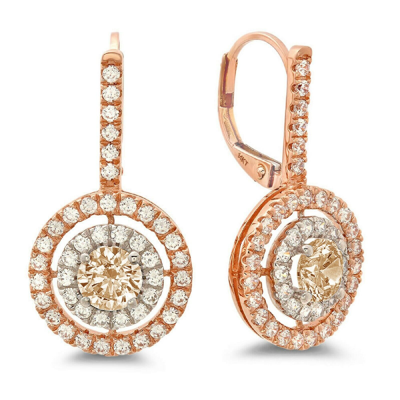 Pre-owned Pucci 2.4 Round Cut Halo Natural Morganite Drop Dangle Earrings Real 14k 2 Tone Gold