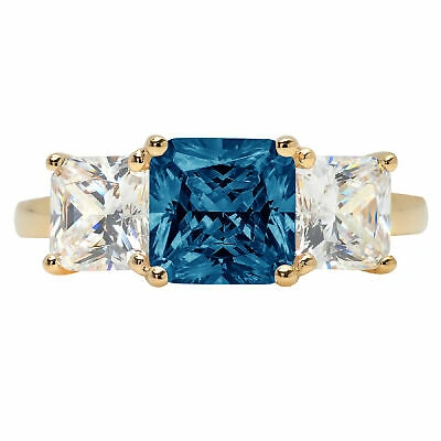 Pre-owned Pucci 3.2 Emerald 3stone London Blue Topaz Promise Bridal Wedding Ring 14k Yellow Gold In D