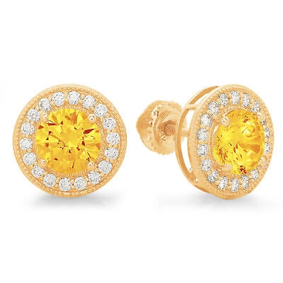Pre-owned Pucci 1.18 Round Cut Halo Natural Citrine Designer Stud Earrings Real 14k Yellow Gold