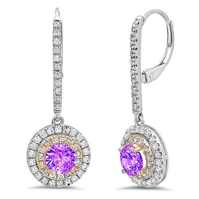 Pre-owned Pucci 2.52 Round Cut Halo Natural Amethyst Drop Dangle Earrings Real 14k 2 Tone Gold In Purple