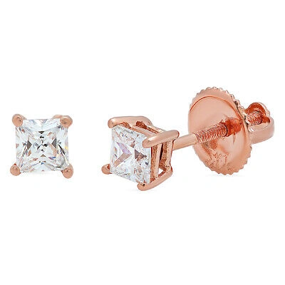 Pre-owned Pucci 1.0 Ct Princess Solitaire Synthetic White Sapphire Stud Earrings 14k Rose Gold