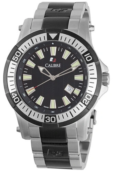 Pre-owned Calibre Men Sc-5h1-04-007 Hawk Date Luminous Quartz Silver And Black Steel Watch