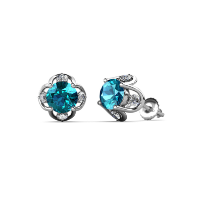 Pre-owned Trijewels London Blue Topaz And Diamond Tulip Stud Earrings 1.24 Ctw 14k Gold Jp:85014