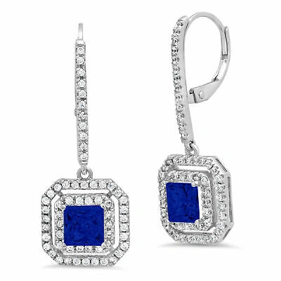 Pre-owned Pucci 3.2 Princess Rd Halo Simulated Blue Sapphire Lever Back Earrings 14k White Gold