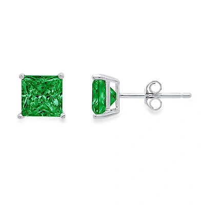 Pre-owned Pucci .5ct Princess Cut Green Simulated Emerald Stud Earrings 14k White Gold Push Back
