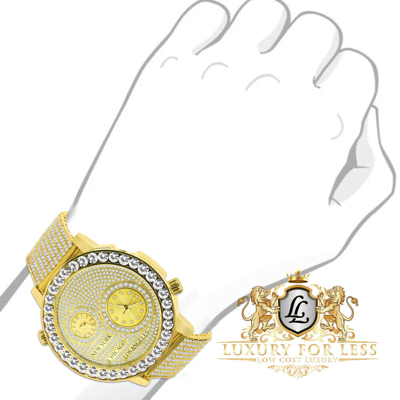 Pre-owned Ice Master Yellow Gold Tone Solitaire Real Diamond Dial 2 Time Zone Chronograph Men's Watch