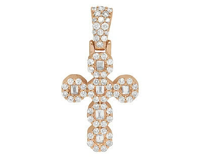 Pre-owned Jewelry Unlimited 10k Rose Gold Baguette Halo Real Diamond Cross Pendant 1.1" 1ct