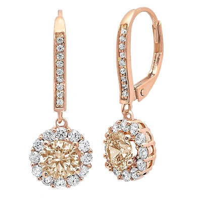 Pre-owned Pucci 2.2 Ct Round Ideal Cut Halo Champagne Cz Drop Dangle Earrings Real 14k Rose Gold In Pink