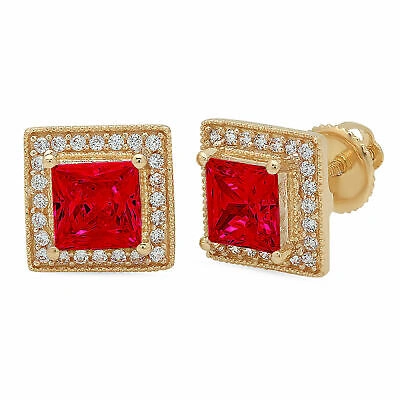 Pre-owned Pucci 2.3 Princess Round Halo Pink Simulated Tourmaline Stud Earrings 14k Yellow Gold In Red