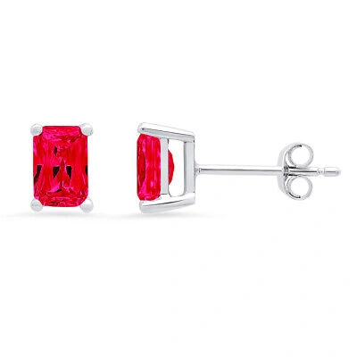 Pre-owned Pucci 1.0ct Emerald Cut Vvs1 Red Simulated Ruby Stud Earrings 14k White Gold Push Back
