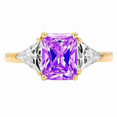Pre-owned Pucci 3 Emerald Trillion 3stone Natural Amethyst Promise Wedding Ring 14k Yellow Gold In Purple