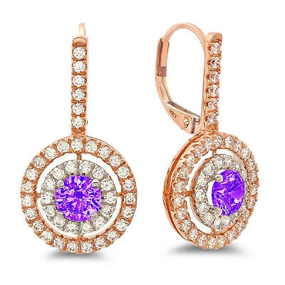 Pre-owned Pucci 2.4ct Round Cut Halo Natural Amethyst Drop Dangle Earrings Real 14k 2 Tone Gold In Purple