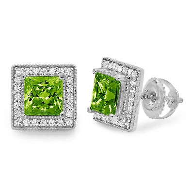 Pre-owned Pucci 2.3 Princess Round Cut Halo Natural Peridot Stud Earrings Solid 14k White Gold In Green