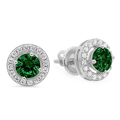 Pre-owned Pucci 1.6 Ct Round Cut Halo Simulated Emerald Designer Stud Earrings 14k White Gold In Green