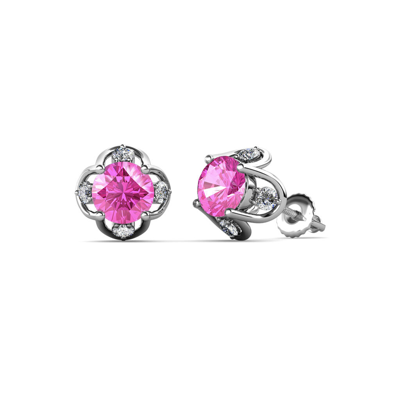 Pre-owned Trijewels Lab Created Pink Sapphire & Natural Diamond Tulip Stud Earrings 14k Gold Jp85026