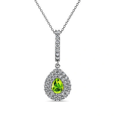 Pre-owned Trijewels Pear Cut Peridot And Diamond Womens Halo Pendant 0.55 Ctw 14k Gold 18" Jp:86665 In I-j