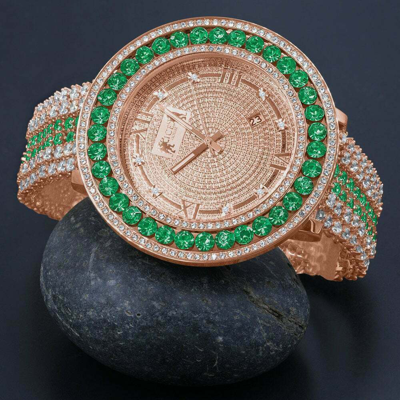 Pre-owned Ice House Green Solitaire Xxl Face Genuine Diamond 18k Rose Gold Tone W/date Watch