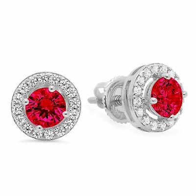 Pre-owned Pucci 1.6 Round Halo Pink Simulated Tourmaline Designer Stud Earrings 14k White Gold In Red