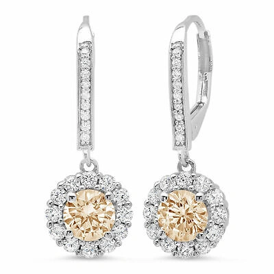 Pre-owned Pucci 2.2 Ct Round Cut Halo Yellow Synthetic Moissanite Drop Earrings 14k White Gold