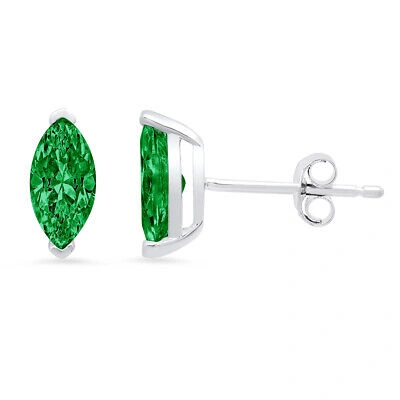 Pre-owned Pucci 1.0 Marquise Cut Green Simulated Emerald Stud Earrings 14k White Gold Push Back