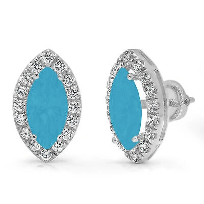 Pre-owned Pucci 3.64 Marquise Round Halo Blue Simulated Turquoise Stud Earrings 14k White Gold In D