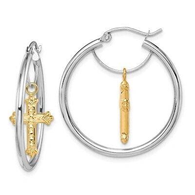 Pre-owned Skyjewelers Real 14kt Two-tone Diamond Cut Cross Dangle Hoop Earrings