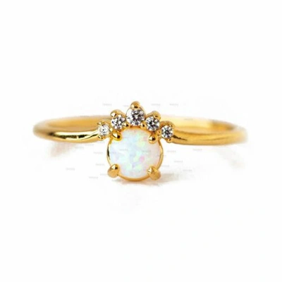 Pre-owned Irisha Designs Real Diamond And Opal Gemstone Dainty Stacking Ring In 14k Gold Fine Jewelry In White