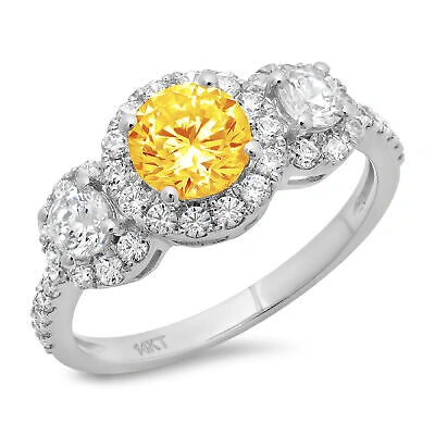 Pre-owned Pucci 1.75 Ct Round Halo 3 Stone Natural Citrine Promise Wedding Ring 14k White Gold In Yellow