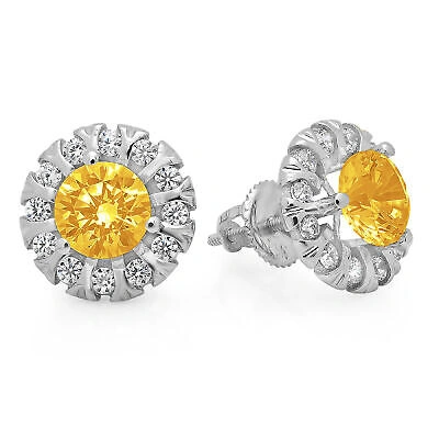 Pre-owned Pucci 3.45 Round Cut Halo Natural Citrine Designer Stud Earrings Real 14k White Gold In Yellow
